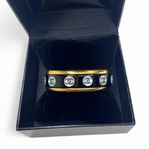 Vintage CHANEL Gold CC Cuff Bracelet Mother of Pearl Black Resin Karl Lagerfeld